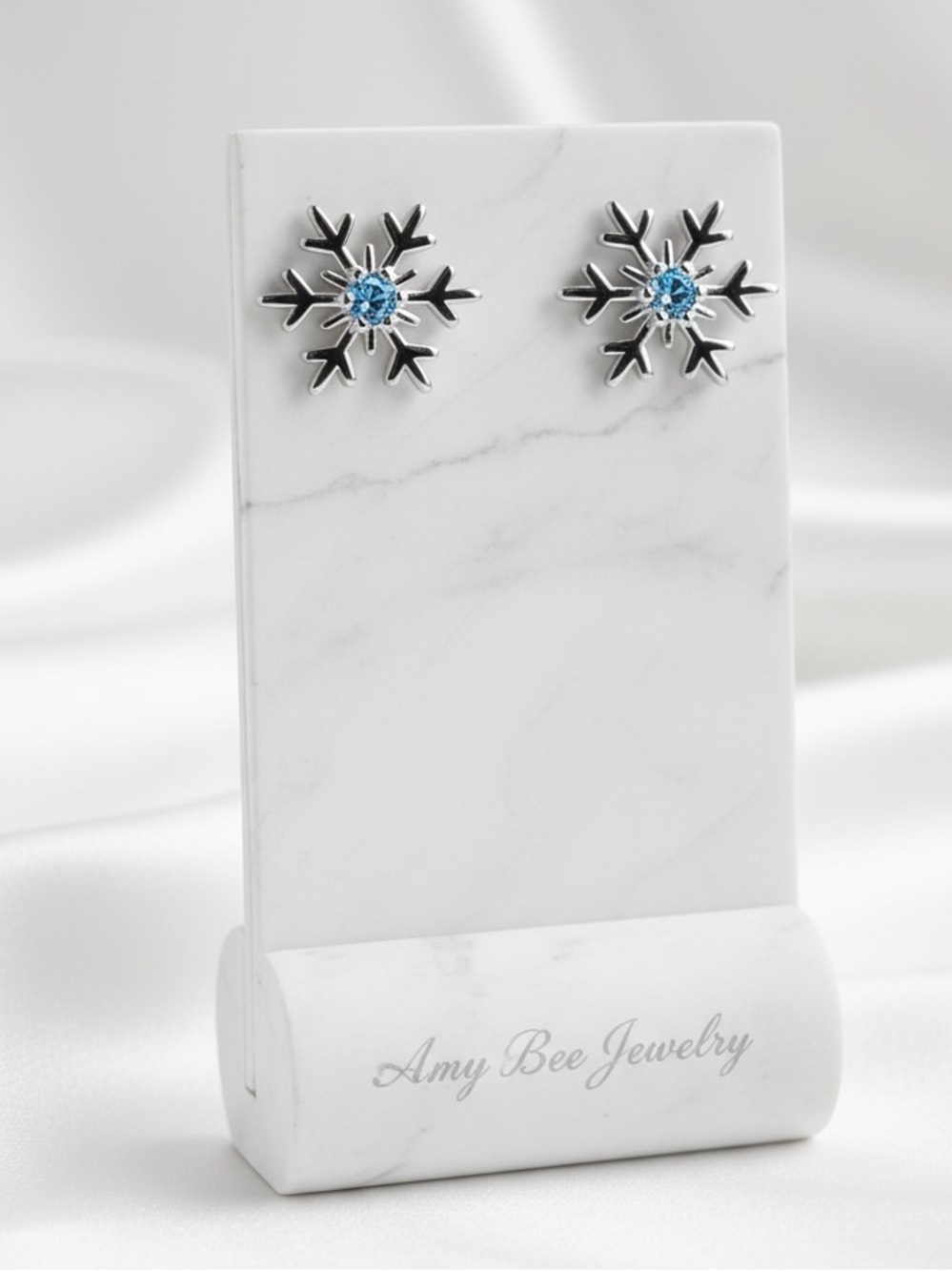 White Gold Plated Snowflake Blue CZ Stud Earrings. New.